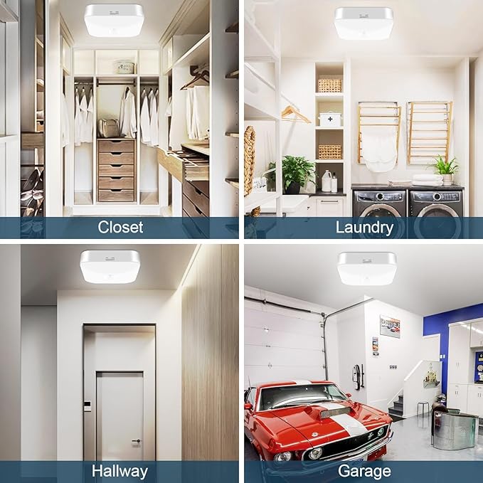 Rechargeable Motion Sensor Closet Light, Rechargeable Battery Operated Ceiling Light Wireless, 500LM Wireless Motion Activated Light for Shower Stairs Hallway Pantry Porch Garage, 5000K 2 Pack