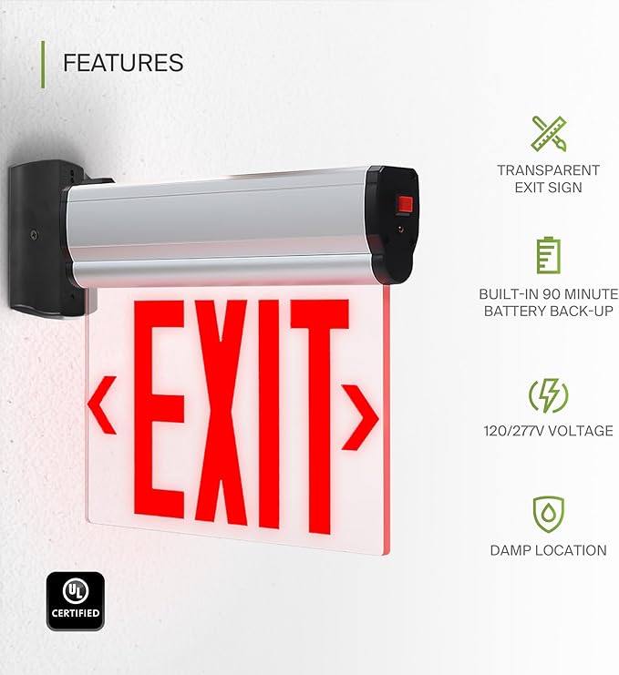 ASD LED Exit Sign with Battery Backup - 120/277V UL 3W Transparent Rotatable Emergency Exit Light for Business, Commercial Hardwired Damp Location Power Outage Lights, Red
