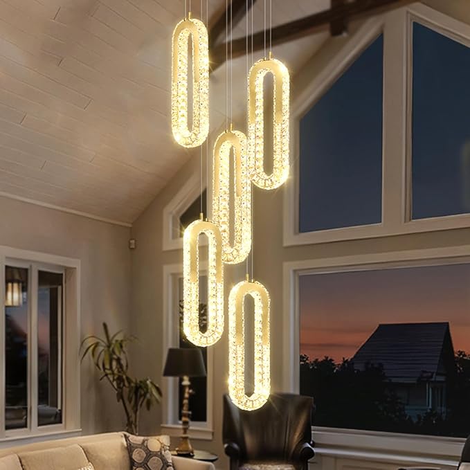 5-Lights Modern Crystal Chandelier for High Ceiling LED Dimmable Ring Pendant Chandeliers Stairwell Chandelier Lighting Gold