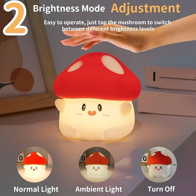 Mushroom Night Light Squishy Lamp, 50Hrs Battery Kids Nightlight, Tap Control, 30Min Auto-Off, Rechargeable Kawaii Bedside Lamp for Girls Room Decor, [Valentines Gifts]