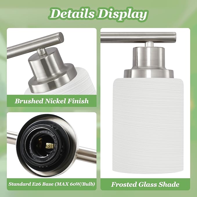 5-Light Brushed Nickel Vanity Lights, Bathroom Light Fixtures with Textured Milky White Glass Shade, Modern Bathroom Lighting Fixtures Over Mirror Wall Sconce Light - E26 Base