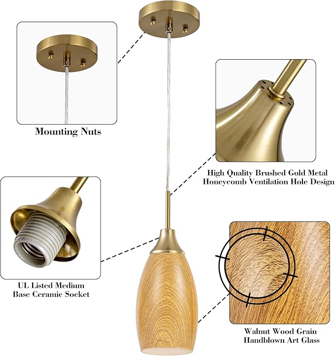 Mini Glass Pendant Light 4.72" Walnut Wood Grain Pendant Lights 3-Pack Handblown Art Oval Glass Hanging Pendant Light for Kitchen Island Dining Room Living Foyer Hallway Entry Brushed Gold