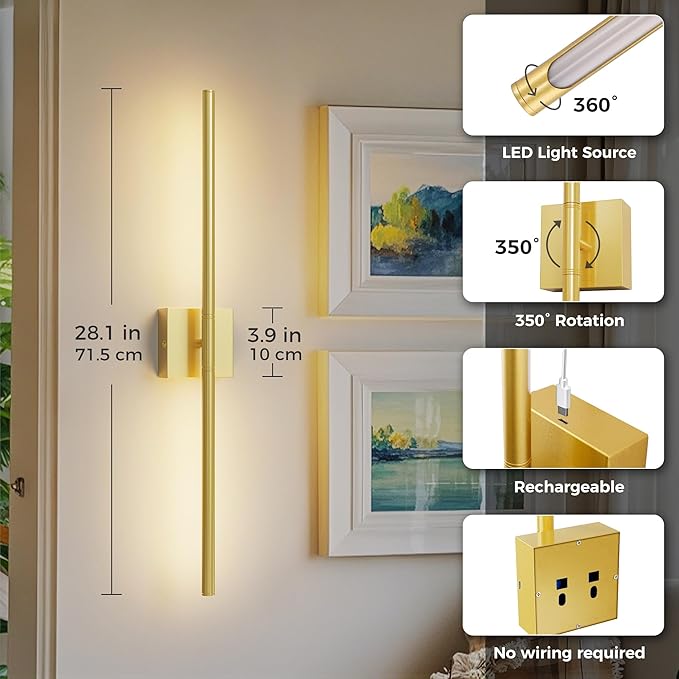 L LOHAS LED Battery Operated Wall Sconces Set of 2, Battery Wall Sconce 10000mAh, Gold Rechargeable Sconces 3CCT + RGB, 28.7 Inch Wireless Wall Lights, Sconce Wall Decor for Bedroom, Living Room
