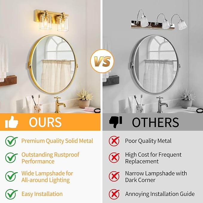2 Light Modern Bathroom Light Fixtures Over Mirror, Brass Finish Vanity Lights for Bathroom Wall Sconces with Clear Glass Shades, E26 Socket (Bulbs Not Included)