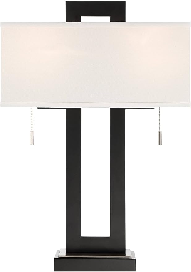 360 Lighting Neil 26" High Modern Rustic Table Lamp with USB Ports A+C Charging Black Open Metal White Fabric Rectangular Shade for Bedroom Living Room House Home Bedside Nightstand Office Family