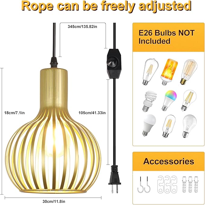 DLLT Plug in Pendant Light Fixtures, Adjustable Gold Pendant Lighting Over Sink, Farmhouse Metal Pendant Lights Kitchen Island, Vintage Brass Hanging Light for Living Room, Dining Room, Bedroom, E26
