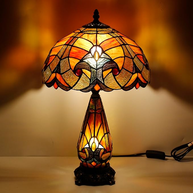 Tiffany Lamp Stained Glass Table Lamp 12X19 Inches Mother Daughter Vase Desk Accent Night Light for Bedroom Bedside Reading Home Antique Style (Red Stained)