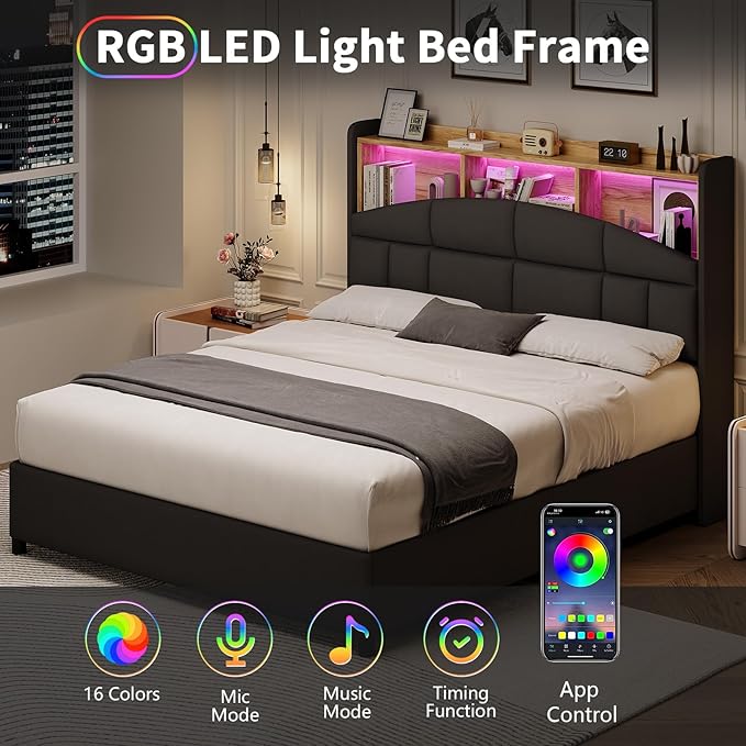 Queen Bed Frame with Headboard and LED Lights, Velvet Upholstered Bed Frame with Wooden Slats Support, No Box Spring Needed, No Noise, Black