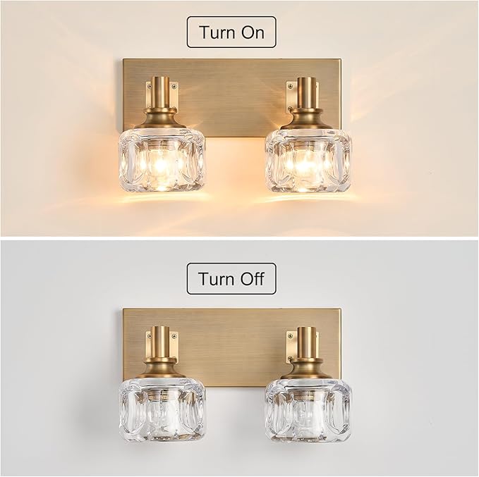 Bathroom Vanity Light Over Mirror 13.4" Vintage Crystal Glass Vanity Light 2 Lights Brass Antique Bathroom Light Fixtures(7.7 pounds