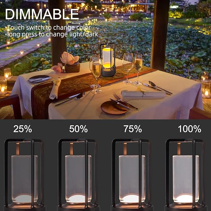 Portable Metal Table Lamp for Indoor/Outdoor ,Rechargeable Cordless LED Lamp, 3-Colour Infinitely Dimming Battery Powered Small Desk Lamp, Restaurant/Bedroom/Bar/Coffee Shop/Camping Light (Grey)
