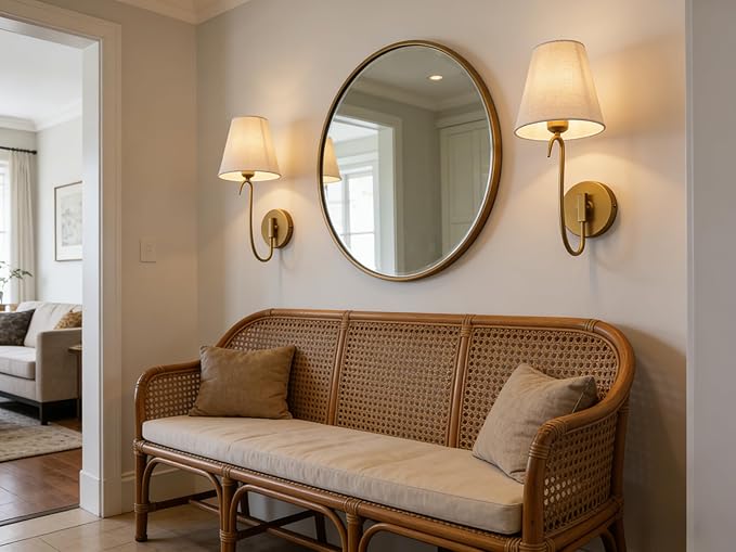 PERMO Antique Gold Wall Sconce with Linen Fabric Shade E26 Hardwired Vintage Rustic Wall Light, Goose-neck Design for Bedroom, Living Room