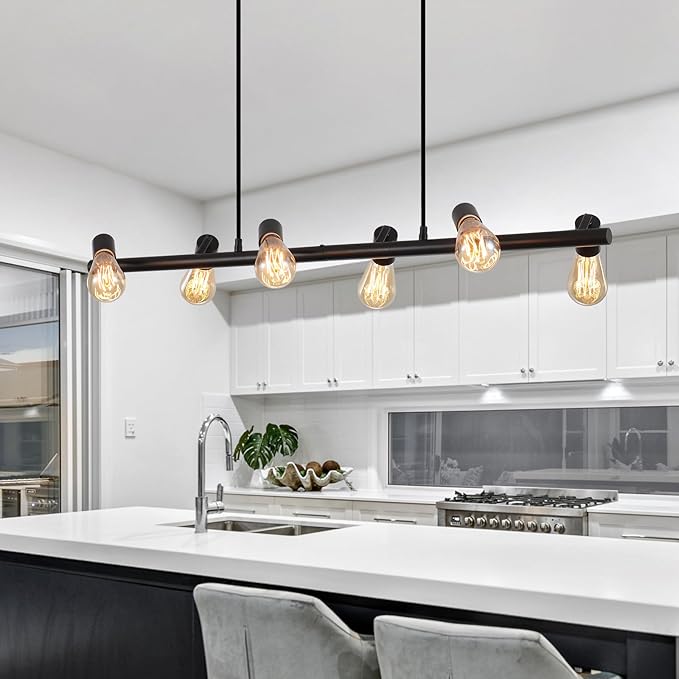 Black Dining Room Light Fixture Over Table, 6-Light Modern Linear Chandelier Farmhouse Rustic Lighting with Adjustable Height Metal Industrial Island Lights for Kitchen Living Room