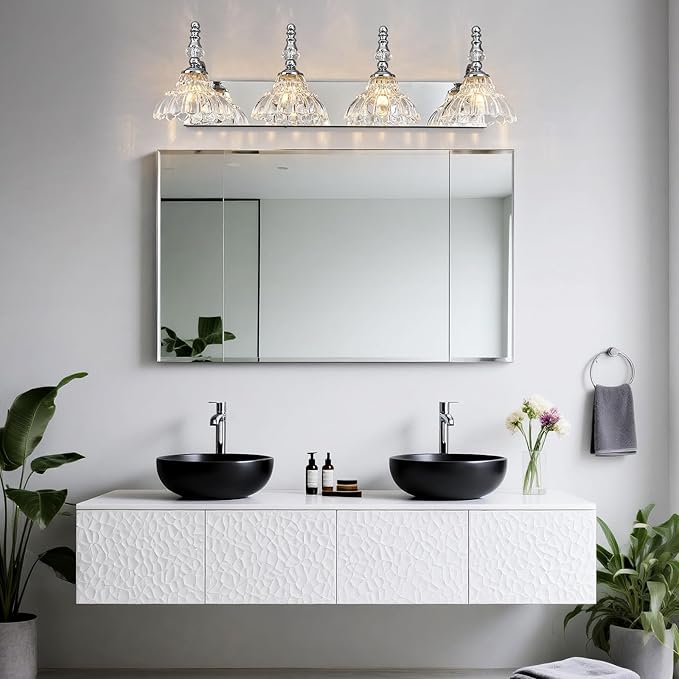 Vintage Bathroom Vanity Light, 4-Light Chrome Vanity Lighting Fixture with Flower Glass Shade, Bathroom Lighting Fixtures Over Mirror