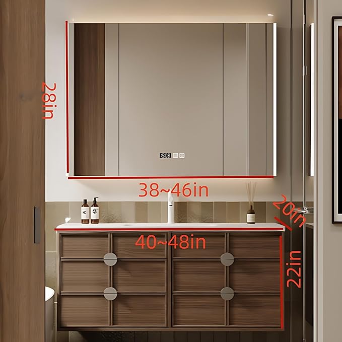 Bathroom Vanity - Wall Mounted Cabinet with 4 Drawers & Integral Ceramic Wash Basin | Smart Mirror Including LED Light Defogging (Style B, 46in)