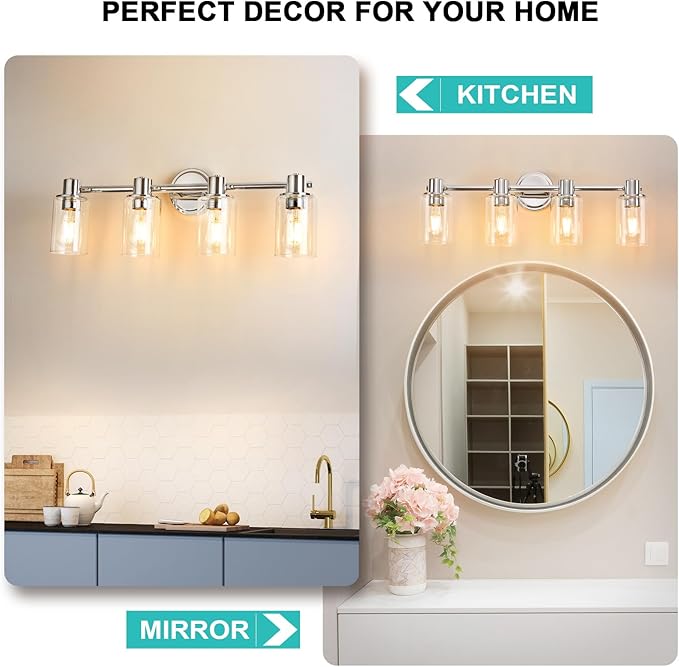 4 Light Bathroom Wall Light Fixtures Chrome Bathroom Wall Sconce with Clear Glass Lights Over Mirror Vanity Lights E26 Base