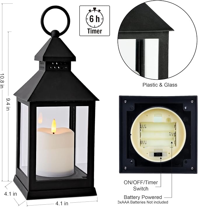 Vintage Lantern Decorative LED Flickering Flameless Candle with Timer, Battery Powered LED Decorative Hanging Lanterns for Indoor Outdoor Garden Yard Home Decor(4 Pack)