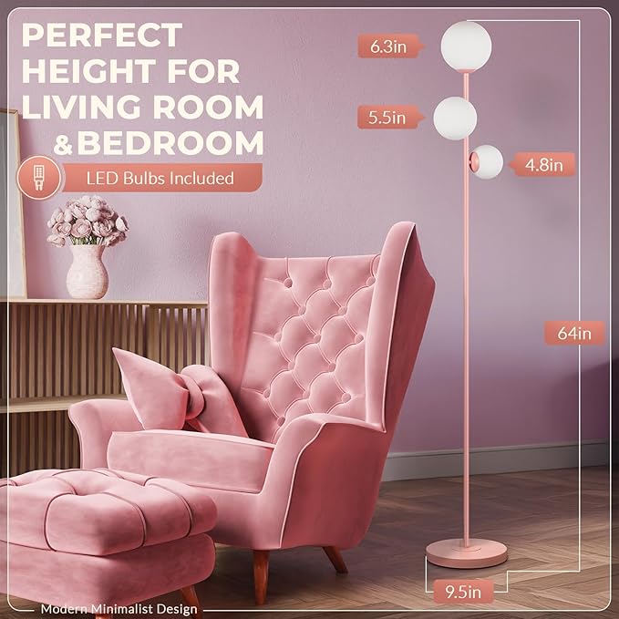 3 Globe Floor Lamps for Living Room, Mid Century Modern Standing Lamp with 3 Color Temperatures, Vintage Retro Tall Light with Frosted Glass Shades and LED Bulbs for Bedroom Office Corner (Pink)