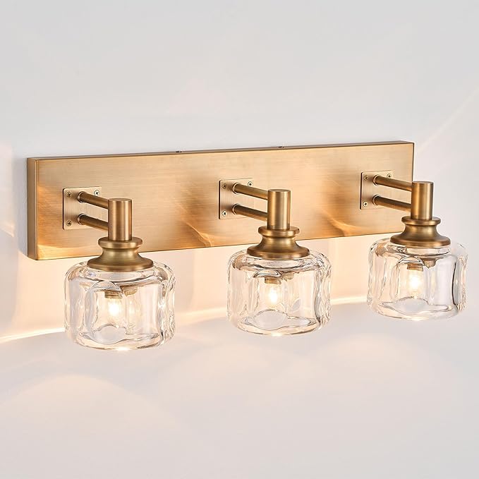 Vintage Vanity Light 3-Light Antique Vanity Lighting Brushed Brass Glass Vanity Light for Bathroom(21.6 inches in Length)