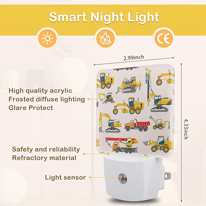Tractor Night Light, Construction Machines Night Lights Plug Into Wall with Dusk to Dawn Sensor Wall Lamp, Nightlights for Bedroom, Bathroom, Hallway, Kitchen, Gifts Ideal for Girls Women