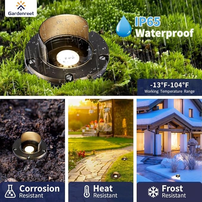 Gardenreet Brass Low Voltage In Ground Lights Kit(6 Pack) with MR16 Bulb & 100Feet Wire & Connectors, 12V LED Well Lights IP65 Waterproof Landscape Lighting for Outdoor Yard Garden Path(Shield Top)