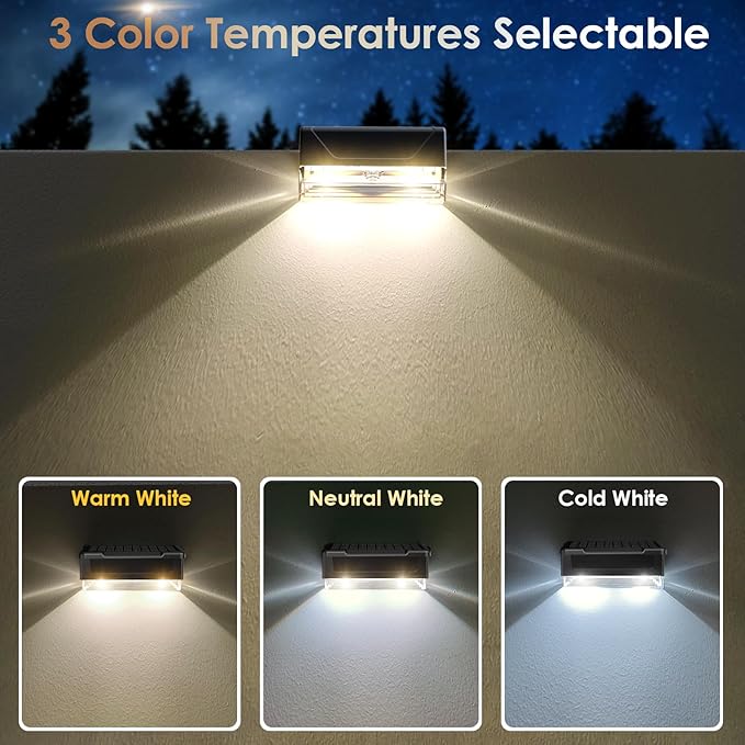 Solar Fence Lights Outdoor - 3000/4000/6000K 3 Mode, IP65 Waterproof Fence Lights Solar Powered, Dusk to Dawn Solar Light for Outside, Backyard/Step/Patio/Deck/Stair Railings and Wall (8 Pack)