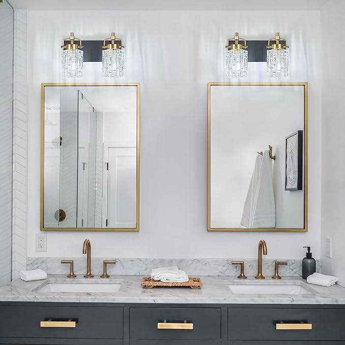 Modern 2-Light Vanity Light with Crystal Glass Shade - Black Gold Bathroom Light Fixtures Over Mirror