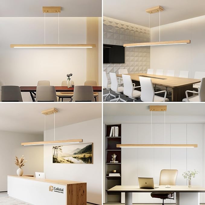 Modern Wooden Pendant Light, 47IN White Ash Wood Chandelier with Remote Control 3000k-6500K Adjustable Color Temperature，Aluminum Island Lighting Lamp for Dining Room, Living Room A