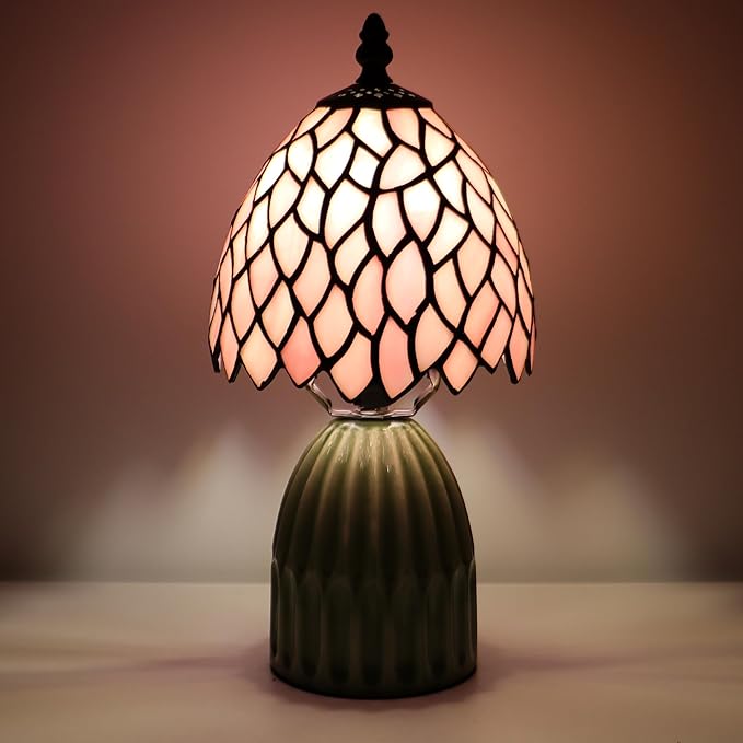 Tiffany Lamp Stained Glass Mushroom Table Lamps 6X6X12.5 Inch Pink Leaf Style Small Night Light Ceramic Base Mini Accent Desk Light Suitable for Bedside Table Bedroom Children Room