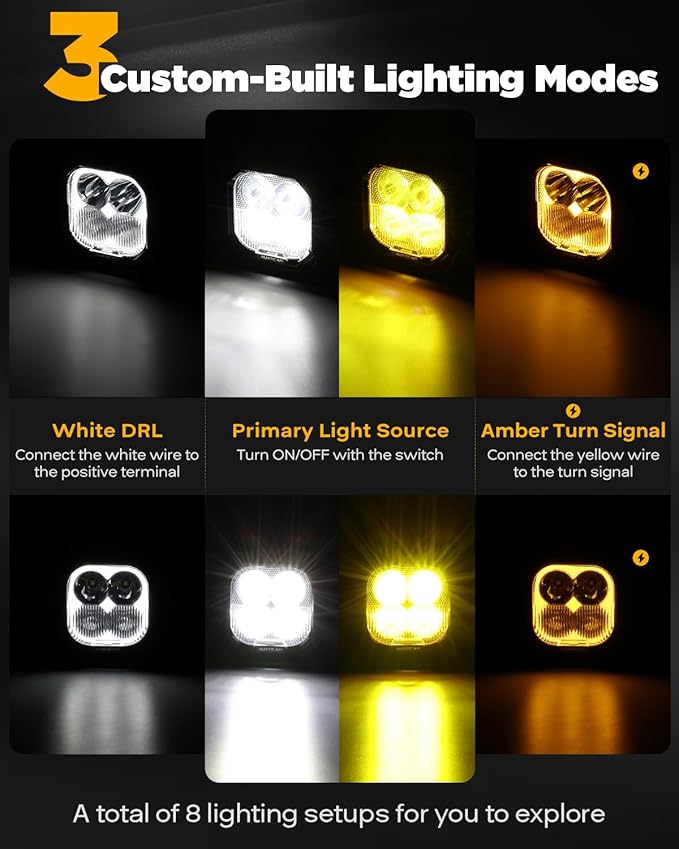 Auxbeam Color Play Series Amber DRL LED Pod Lights 3" 100W Spot Flood Combo Dual Color Turn Signal Driving Fog Lamp Cube Ditch Lights Offroad Lighting with Covers