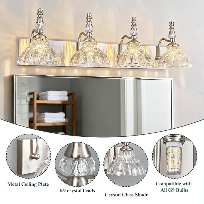 Vintage Bathroom Vanity Light, 4-Light Brushed Nickel Vanity Lighting Fixture with Flower Glass Shade, Bathroom Lighting Fixtures Over Mirror