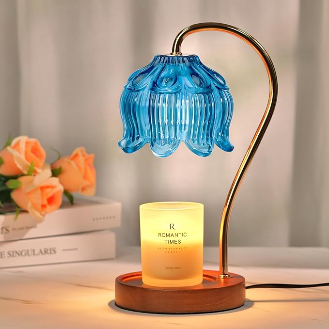 Flower Candle Warmer Lamp with Timer, Blue Candle Lamp Warmer, Birthday Gifts for Women, Mom, Wife, Dimmable Glass Lamp Candle Light Gifts, Aromatic Candle Wax Warmer for Vintage Livingroom Decor
