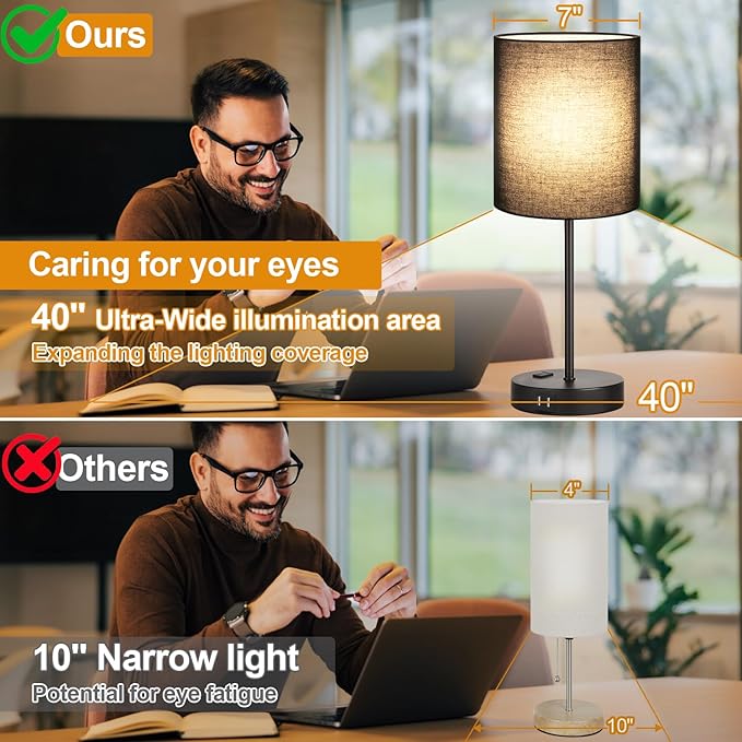 Lynnoland Set of 2 Touch Control Table Lamps with 2 USB & AC Outlet, 3-Way Dimmable Bedside Nightstand Lamps for Bedroom Living Room Nursery, 800 Lumens 3000K Warmlight Bulbs Included
