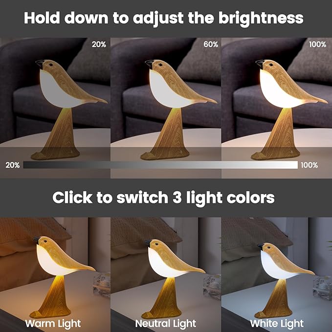VoMii Small Bird Table Lamp with Timer, Touch & Remote Control & 3-Color Dimmable, Bedside Lamp, Rechargeable Battery, Cold/Warm Night Light, Portable Cute Lamp for Bedroom, Home Decor