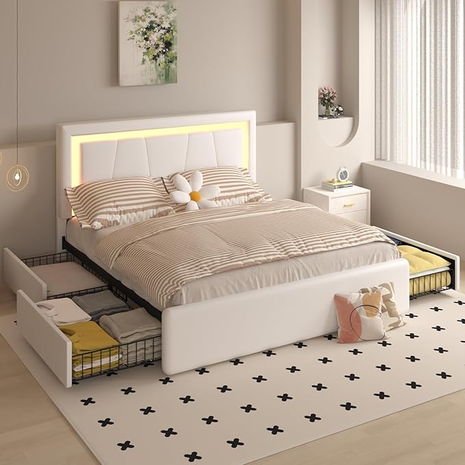 King Bed Frame with 4 Storage Drawers and Adjustable Headboard, Upholstered Platform Bed with LED Lights and USB Ports, Solid Wooden Slats Support, No Box Spring Needed, Easy Assembly, White