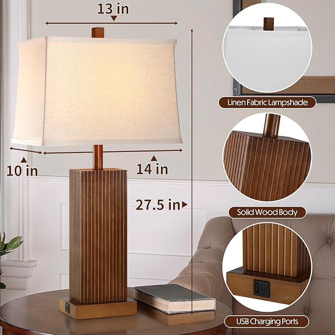27.5" Wood Table Lamps Set of 2, Modern Farmhouse Bedroom Lamp for Nightstand with USB Charging Port, Natural Wooden Base Table Lamp for Living Room Bedroom, Bulbs Included (Walnut Wood)