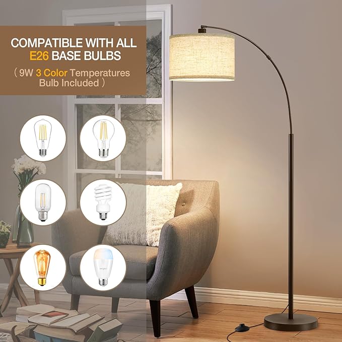 Luvkczc 71" Arc Floor Lamp for Living Room with Adjustable Lamp Head, Black Pole Lamp with White Shade, Standing Lamp with Foot Switch, Over Couch Arched Reading Light for Bedroom, Office, Study Room