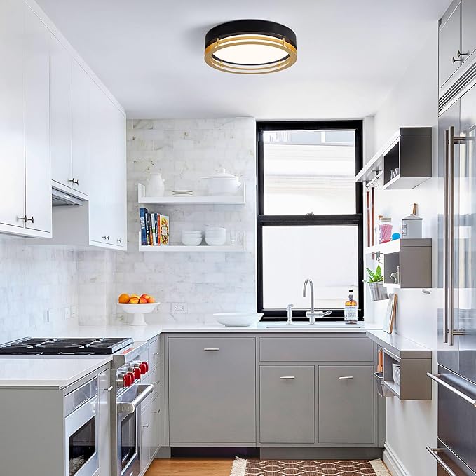 Dimmable Black and Gold Flush Mount Ceiling Light, Modern Round LED Ceiling Lights Fixture, Kitchen Flushmount Light for Bedroom Hallway Laundry Room 2700 K-6000 K 5CCT