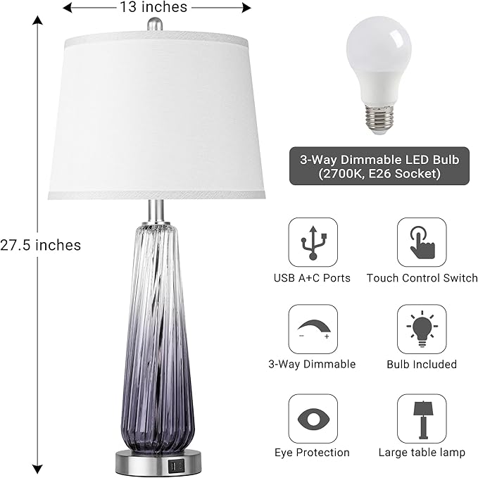 Glass Table Lamps for Living Room, Modern Bedside Lamps with USB A+C Ports, 3-Way Dimmable Touch Control Nightstand Lamp with White Linen Shade, 27.5" Large Lamps for Bedrooms Decor, Grey, 1 Pack