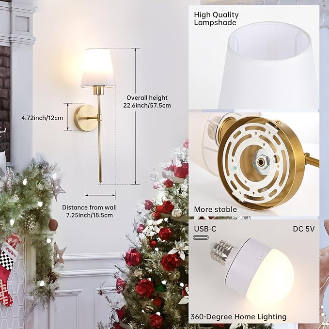 Fabric Wall Sconce Battery Operated Set of 2, Rechargeable Wall Lights with 5000mAh RGB Dimmable Bulb, 12 Colors Wall Sconces for Bedroom Living Room, Gold