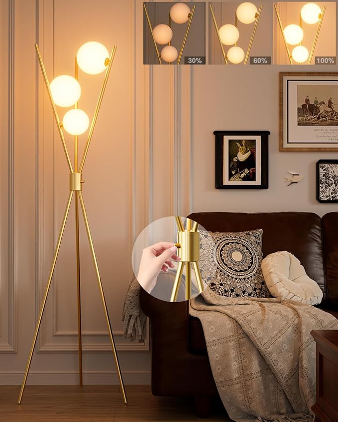 3 Globe Dimmable Tripod Floor Lamp, Mid Century Standing Lamps with 3Pcs 3000K Bulbs Included, Modern Tall Lamp for Living Room Bedroom Office-Gold