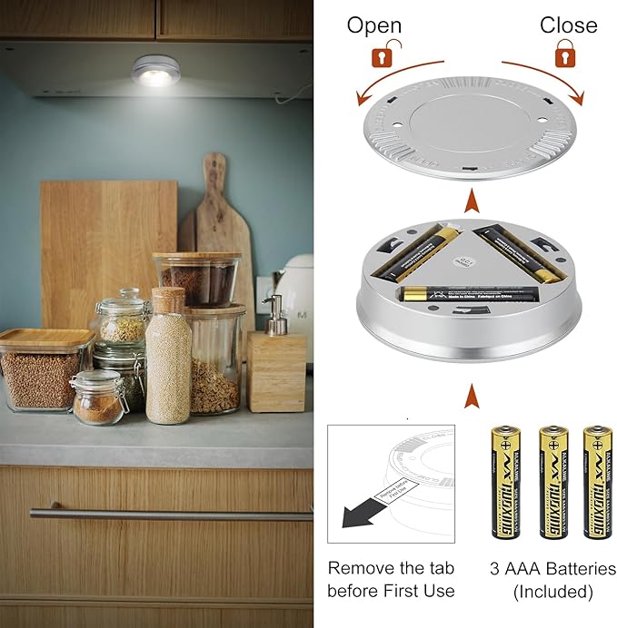 LUXSWAY LED Puck Lights Tap Light, Battery Operated Mini Push Light, LED Under Cabinet Lighting, Stick on Lights, Kitchen Closet Counter Night Lights (Included 18 AAA Batteries, 6-Pack,Silver)