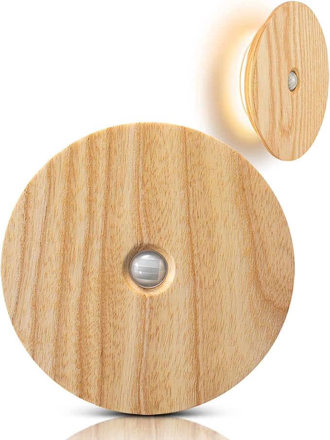 Motion Sensor Night Light Wood, Rechargeable Battery-Powered Magnetic Stick-On Night Light Wall Light for Indoor Stairs, Hallway, and Bedroom (Ash Wood *1Pack)