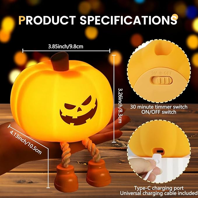 Evil Smile Pumpkin Night Light, Cute Halloween Fall Decor, Rechargeable Dimmable Squishy Lamp, Langling Feet As Phone Holder, Led Light Up Vegetable, Bedside Touch Lamp, Dorm Room Light