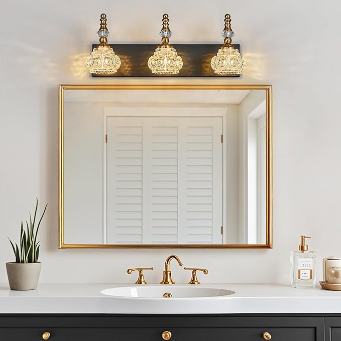 Bathroom Light Fixtures, Modern Glass Crystal Vanity Light Vintage Bathroom Lighting Fixtures Over Mirror 3 Light Vanity Lights G9 Bulb (19.68 Inch, Black Gold)