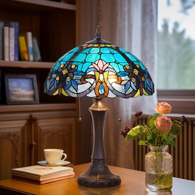 Tiffany Table Lamp,Stained Glass Table Light for Reading,Victorian Style 16 inch Large 2-Lights Antique Desk Lamp for Living Room Bedroom Study Office