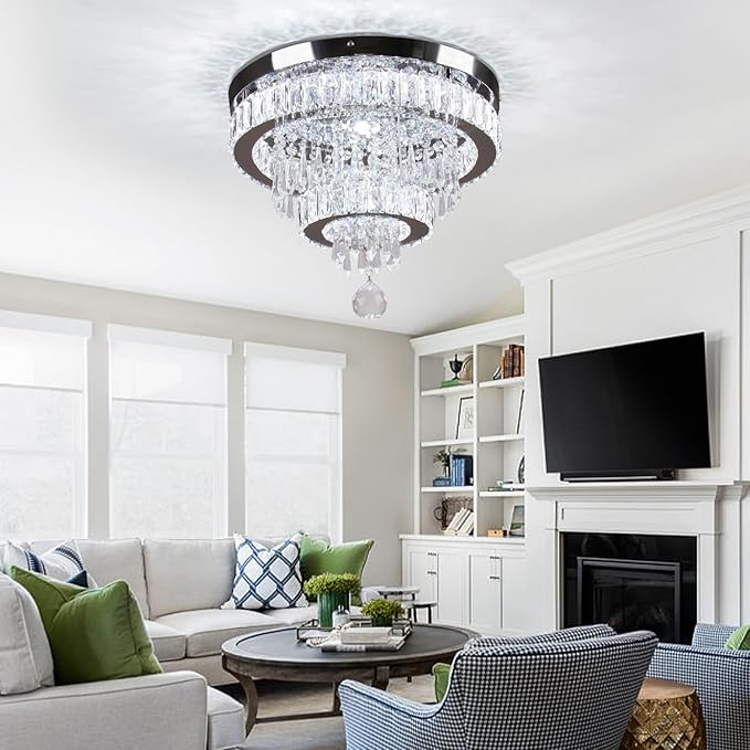 Finktonglan 16" Modern Crystal Chandelier, 2 Rings LED Crystal Ceiling Light Semi Flush Mount Chandelier Ceiling Light for Bedrooms Living Room Dining Room (6500K Cool White)
