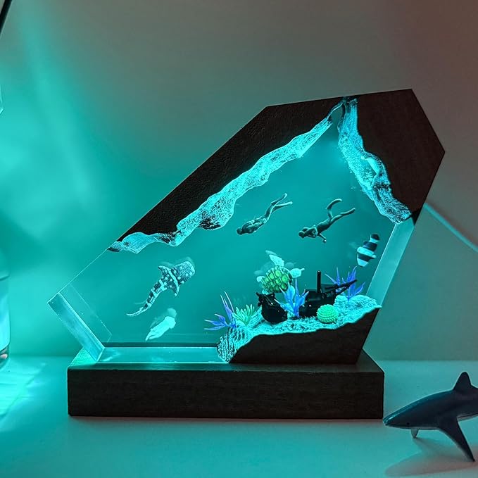 Whale Shark Ocean Resin Lamp - Handmade Resin Night Light with USB Port, Variable Lights, Scuba Diver Gifts, Ocean and Diving Enthusiast Collectibles, Unique Birthday Gifts for Him & Her (10"x6")