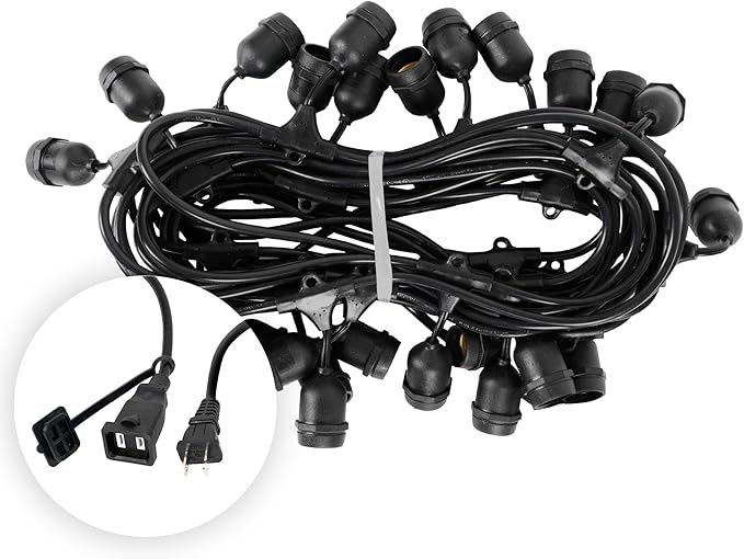 50-ft 25 Suspended Sockets E26 Commercial Patio Light Stringer, Heavy Duty Weatherproof SJTW Black Wire, 24" Spacing, 16 AWG, Cord Only