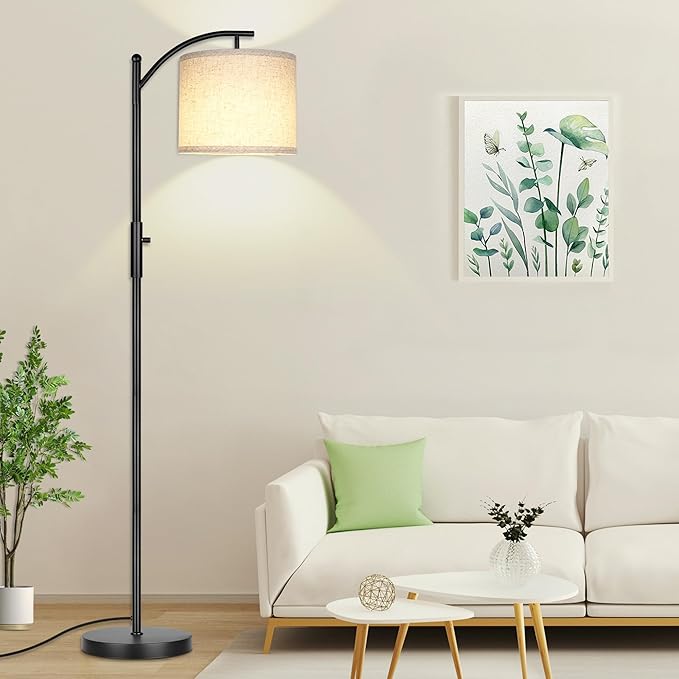 ROTTOGOON Dimmable Floor Lamp, Arc Floor Lamps for Living Room, Stepless Dimming Modern Standing Lamp with Linen Shade, Tall Lamp for Bedroom Office Dining Room- Black