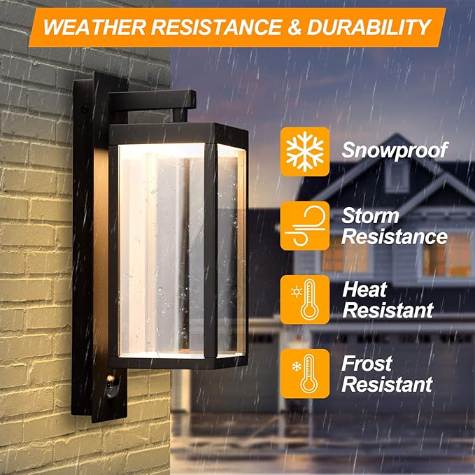 2 Pack Motion Sensor Outdoor Wall Light LED Wall Sconce Black Mount Waterproof Exterior Light Fixture Aluminum Porch Lamps for Patio Entryway Doorway Fence Garage, 750LM 3000K